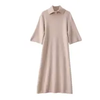 Women's High-end brand cashmere dress, thick five-sleeve lapel long dress for autumn and winter, polo collar mid-sleeve dress( হাই-এন্ড ব্র্যান্ডের কাশ্মীরি পোশাক, শরৎ এবং শীতের জন্য পুরু পাঁচ-হাতা ল্যাপেল লম্বা পোশাক, পোলো কলার মিড-হাতা পোশাক)